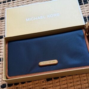 Michael Kors Navy Wallet with Tan Trim and Gold Plate